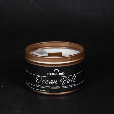 The MoonMoon Company - B6 - Duftkerze: Ocean Salt, aus Soja-Kokos Wachs mit Holzdocht - sowie  hochwertigen ätherischen Ölen und Kristallen - in wiederverwendbarem Behälter